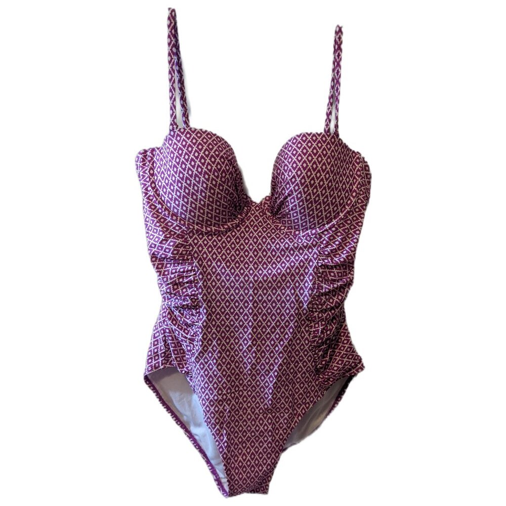 Old Navy One Piece Swimsuit Geometric Print Pink Ruched Padded Summer Travel L